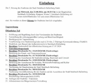 3. Sitzung des Stadtrates der Stadt Steinbach-Hallenberg, Mittwoch, 21.08.2024, 18:30 Uhr, Regelschule Steinbach-Hallenberg