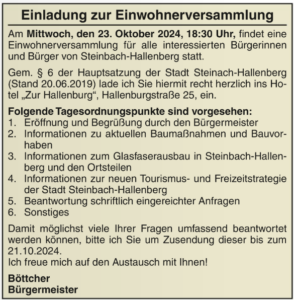 Einwohnerversammlung 2024 Steinbach-Hallenberg – Mittwoch, den 23. Oktober 2024, 18:30 Uhr, „Zur Hallenburg“, Hallenburgstraße 25