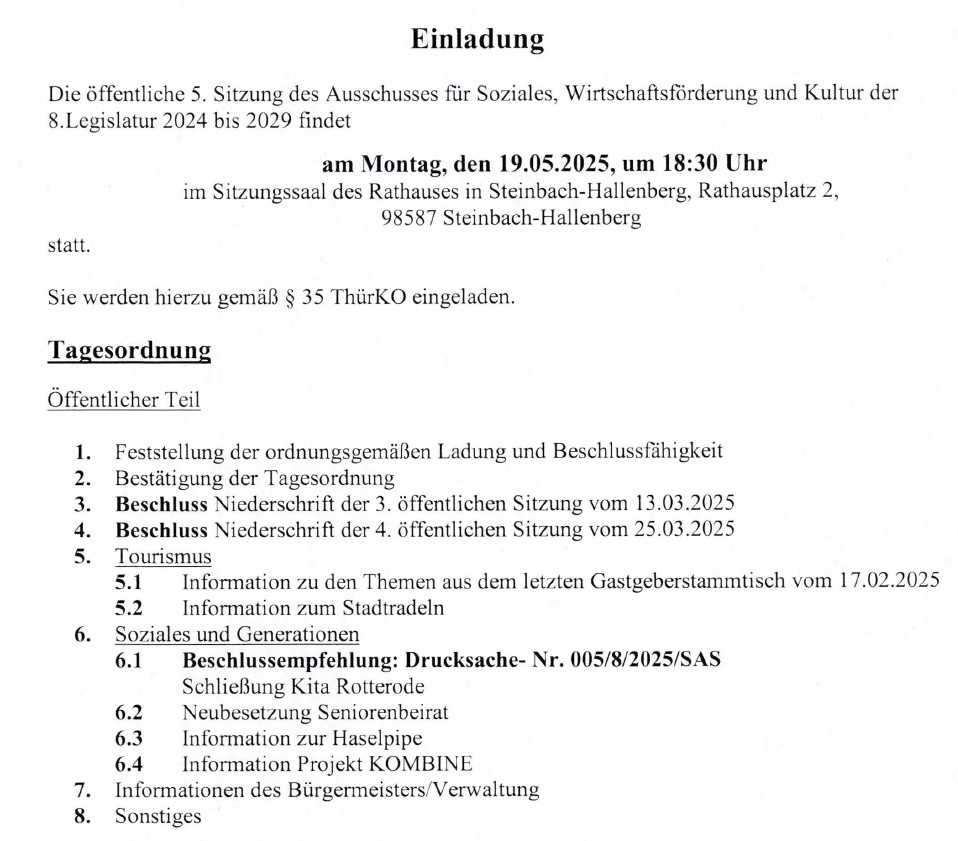 Ladung und Tagesordnung zur fünften Sitzung des Sozialausschuss Steinbach-Hallenberg am 19.05.2025