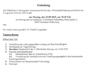 6. Sitzung des Sozialauschuss der Stadt Steinbach-Hallenberg, Montag, 22.09.2025, 18:30 Uhr, Rathaussaal der Stadt Steinbach-Hallenberg