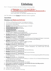 11. Sitzung des Stadtrates der Stadt Steinbach-Hallenberg . Donnerstag, 27.11.2025, 18:30 Uhr . Evengelischer Altenhilfezentrum Steinbach-Hallenberg