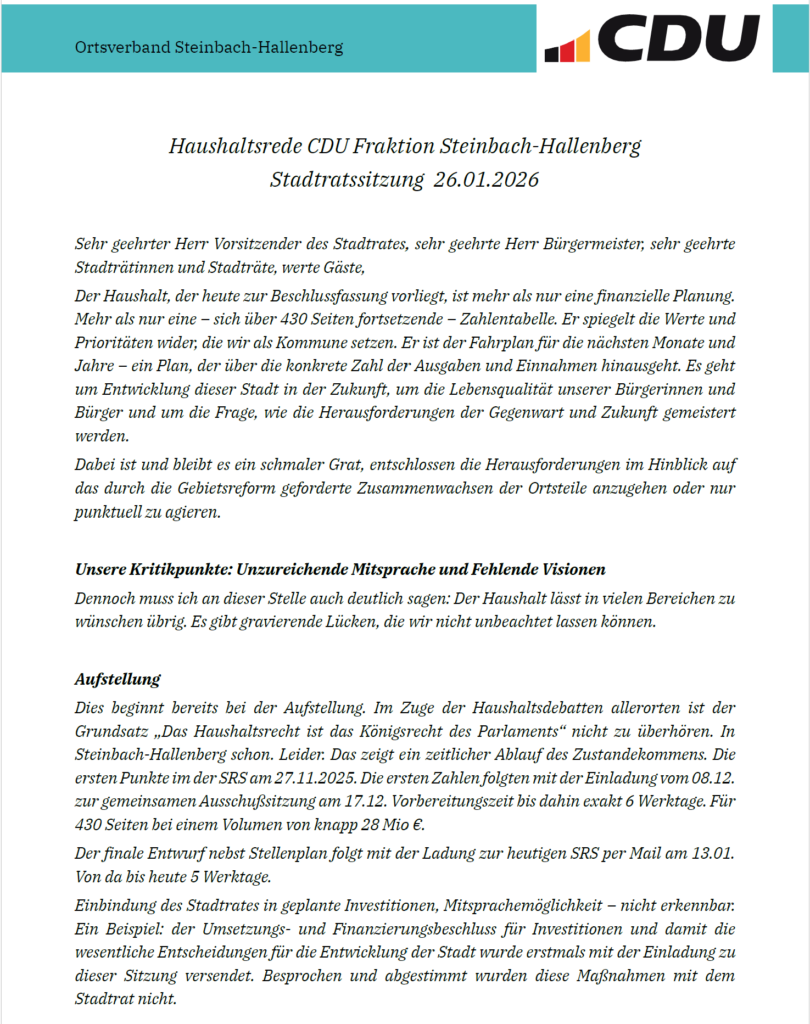 Haushaltsrede 2026 der CDU Fraktion im Stadtrat Steinbach-Hallenberg