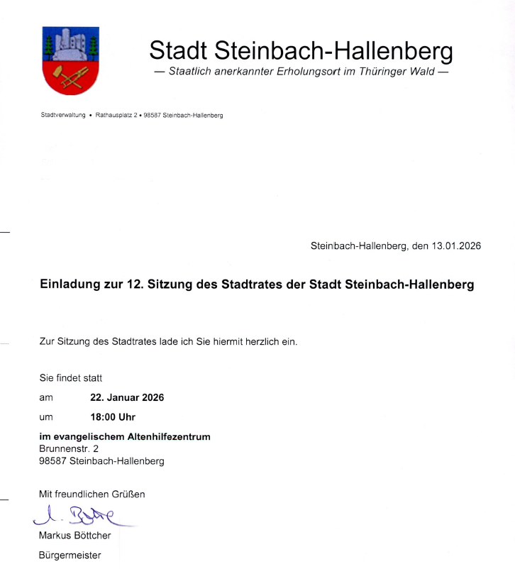 Ladung Stadtratssitzung Steinbach-Hallenberg 22.01.2026
