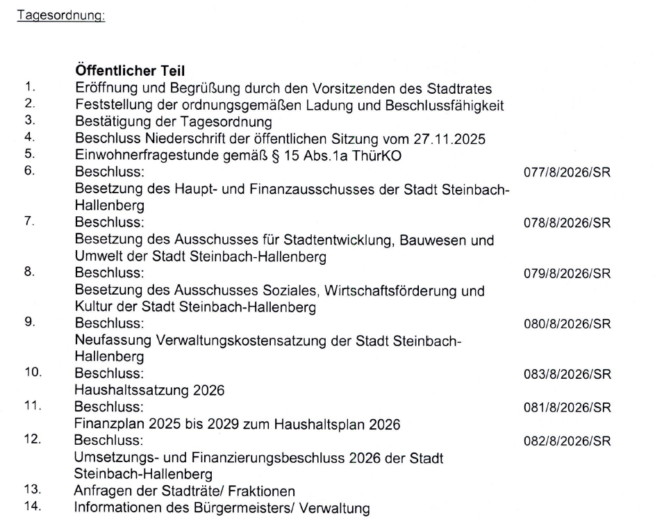 Tagesordnung Stadtratssitzung Steinbach-Hallenberg 22.01.2026