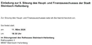 9. Sitzung des Haupt- und Finanzausschuss der Stadt Steinbach-Hallenberg 11.03.2026