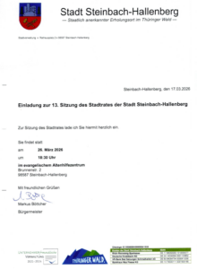 13. Sitzung des Stadtrates der Stadt Steinbach-Hallenberg . Donnerstag, 26.03.2026, 18:30 Uhr . Evangelisches Altenhilfezentrum Steinbach-Hallenberg