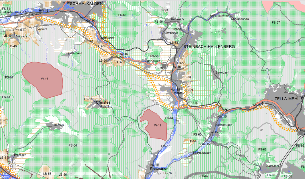 Übersichtskarte des 2. Entwurf des Regionalplans Südwestthüringen für die Region Landkreis Schmalkalden-Meiningen