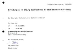 14. Sitzung des Stadtrates der Stadt Steinbach-Hallenberg . Donnerstag, 25.06.2026, 18:30 Uhr . Evangelisches Altenhilfezentrum Steinbach-Hallenberg