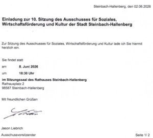 10. Sitzung des Sozialausschuss der Stadt Steinbach-Hallenberg am 08.06.2026