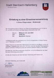 Einwohnerversammlung zum Windvorranggebiet W-17 – 24.06.2026 Sporthalle Viernau