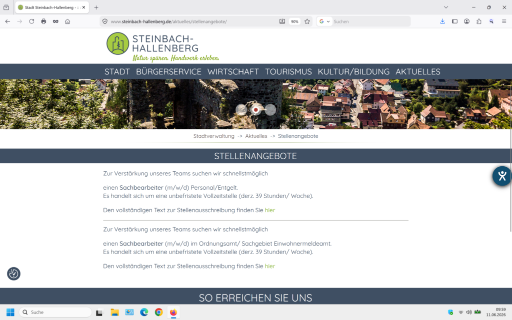 Stellenausschreibungen auf der Website der Stadt Steinbach-Hallenberg am 11.06.2026