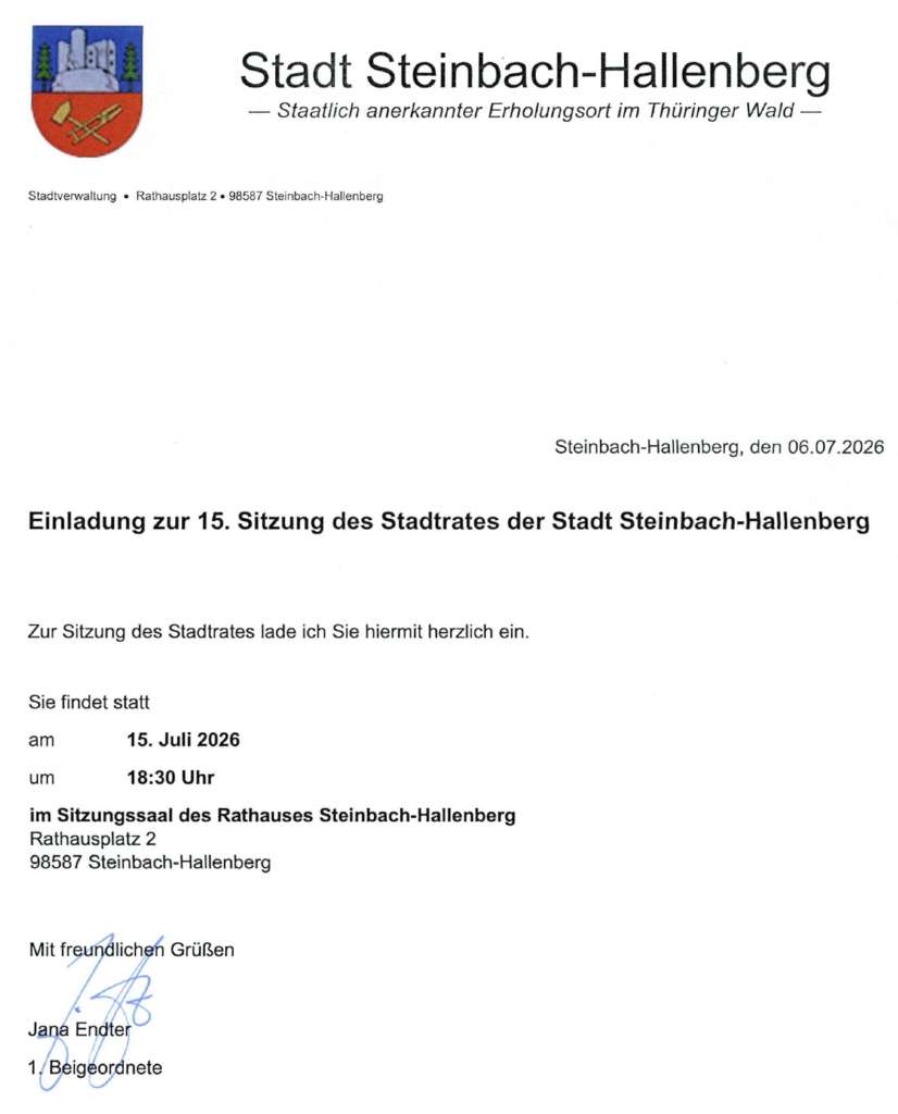 Ladung Sondersitzung Stadtrat Steinbach-Hallenberg Thema Windvorranggebiet 15.07.2026 18:30 Uhr Sitzungssaal Rathaus Steinbach-Hallenberg