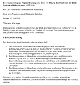 Stellungnahme des Stadtrates der Stadt Steinbach-Hallenberg zum Windvorranggebiet W-17 Tellerberg Viernau/Schwarza