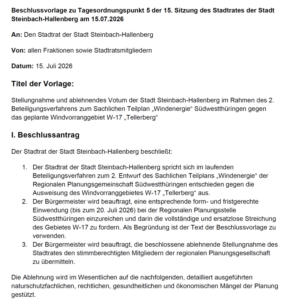 Stellungnahme des Stadtrates der Stadt Steinbach-Hallenberg zum Windvorranggebiet W-17 Tellerberg Viernau/Schwarza