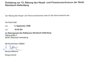 12. Sitzung des Haupt- und Finanzausschuss der Stadt Steinbach-Hallenberg 09.09.2026