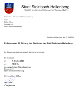 16. Sitzung des Stadtrates der Stadt Steinbach-Hallenberg . Mittwoch, 01.10.2026, 18:30 Uhr . Evangelisches Altenhilfezentrum Steinbach-Hallenberg