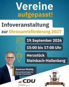 Inforveranstaltung Ehrenamtsförderung . 19.09.2026 . 15:00-17:00 Uhr . Herzstück Steinbach-Hallenberg