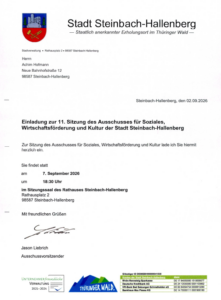 11. Sitzung des Sozialausschuss der Stadt Steinbach-Hallenberg am 07.09.2026