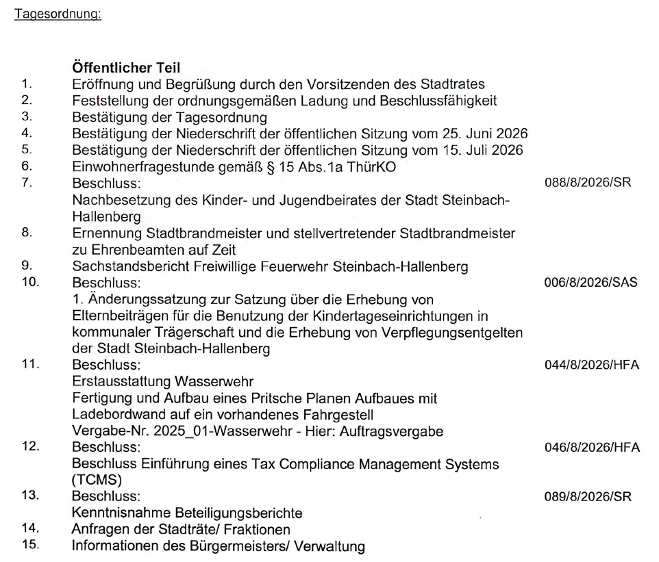Tagesordnung zur Sitzung des Stadtrtes der Stadt Steinbach-Hallenberg am 01.10.2026 um 18:30 Uhr im Evangelischen Altenhilfezentrum Steinbach-Hallenberg
